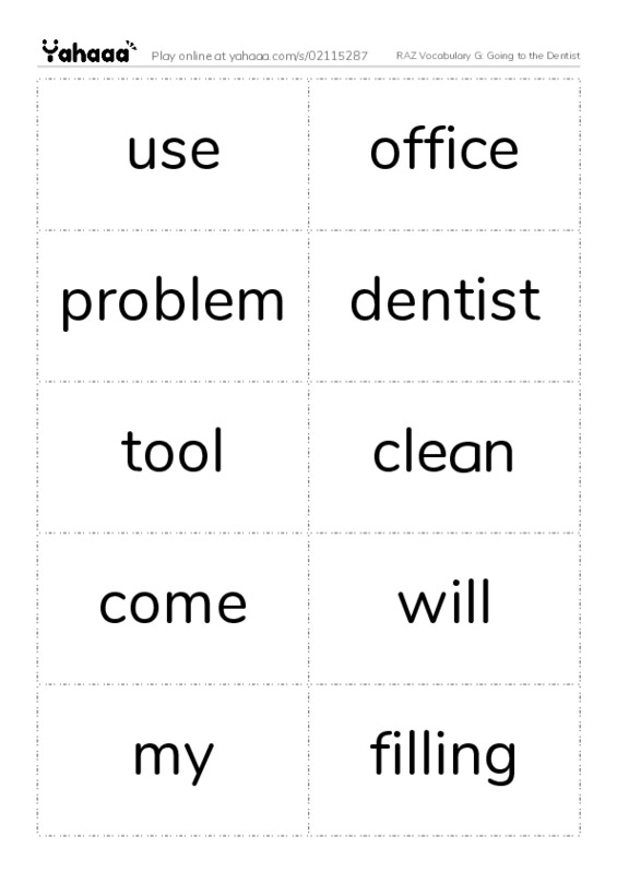 RAZ Vocabulary G: Going to the Dentist PDF two columns flashcards