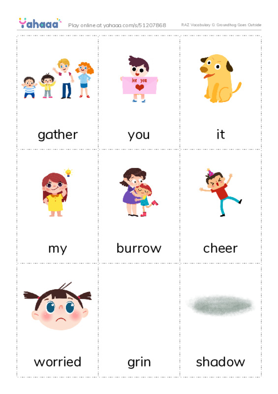 RAZ Vocabulary G: Groundhog Goes Outside PDF flaschards with images