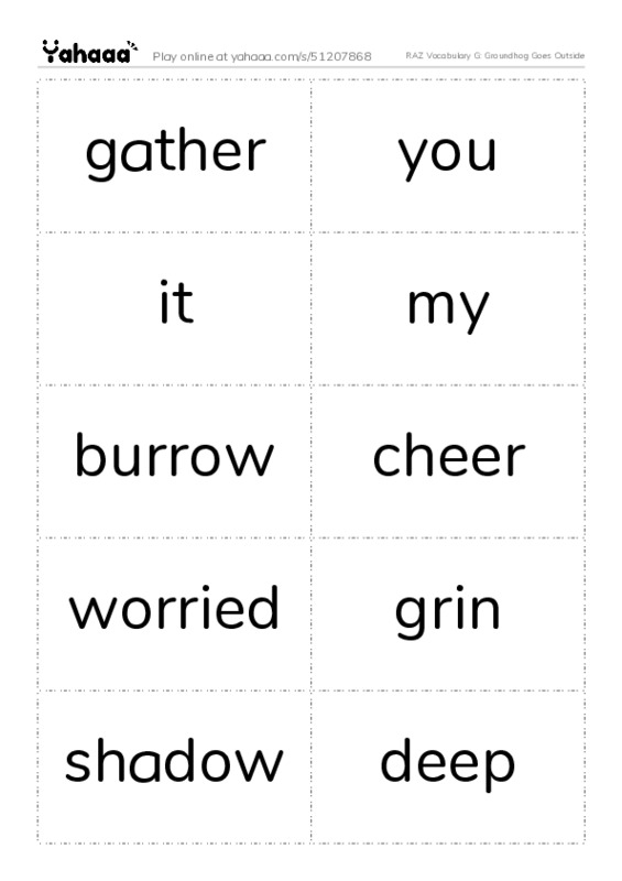 RAZ Vocabulary G: Groundhog Goes Outside PDF two columns flashcards