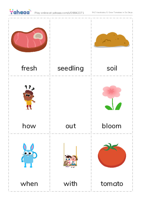 RAZ Vocabulary G: Grow Tomatoes in Six Steps PDF flaschards with images