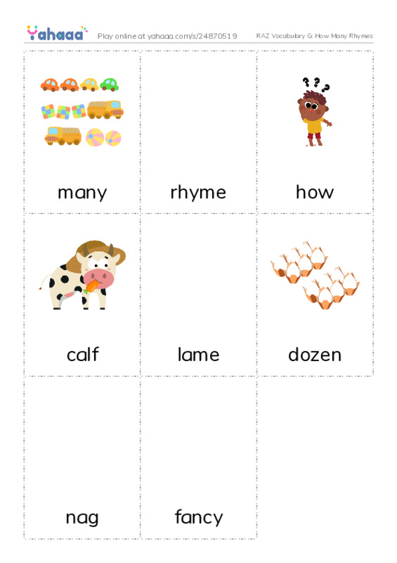 RAZ Vocabulary G: How Many Rhymes PDF flaschards with images