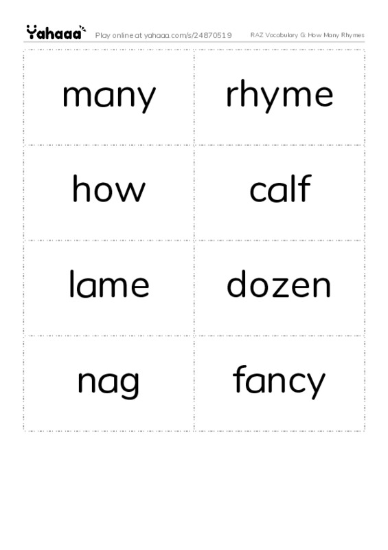RAZ Vocabulary G: How Many Rhymes PDF two columns flashcards