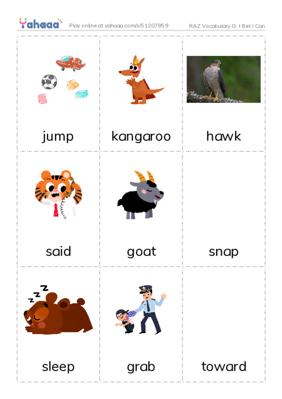 RAZ Vocabulary G: I Bet I Can PDF flaschards with images