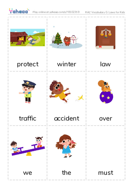 RAZ Vocabulary G: Laws for Kids PDF flaschards with images