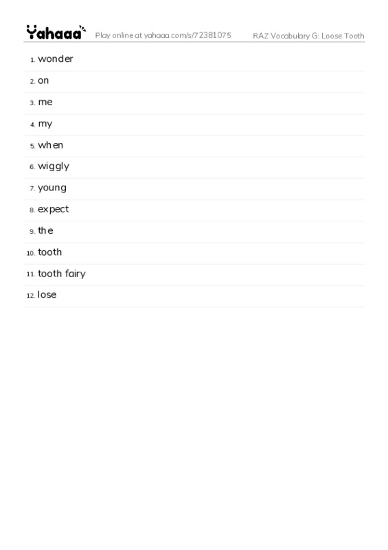 RAZ Vocabulary G: Loose Tooth PDF words glossary
