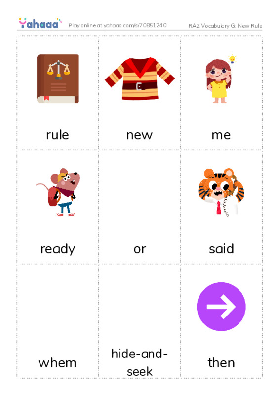 RAZ Vocabulary G: New Rule PDF flaschards with images