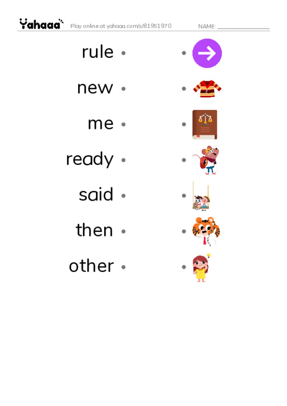 RAZ Vocabulary G: New Rule PDF link match words worksheet