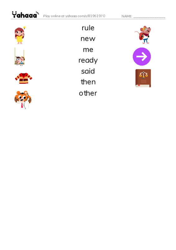 RAZ Vocabulary G: New Rule PDF three columns match words