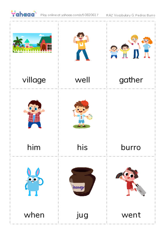 RAZ Vocabulary G: Pedros Burro PDF flaschards with images
