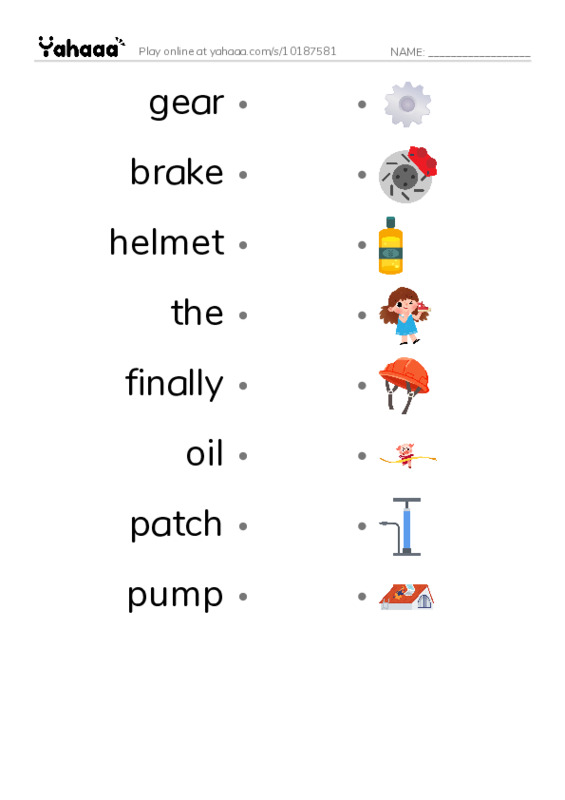 RAZ Vocabulary G: Ready Set Bike PDF link match words worksheet