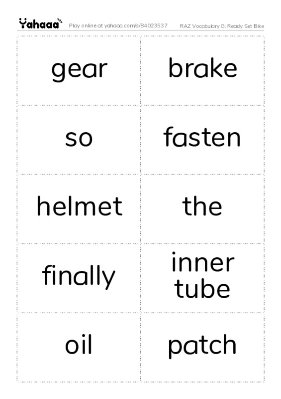 RAZ Vocabulary G: Ready Set Bike PDF two columns flashcards