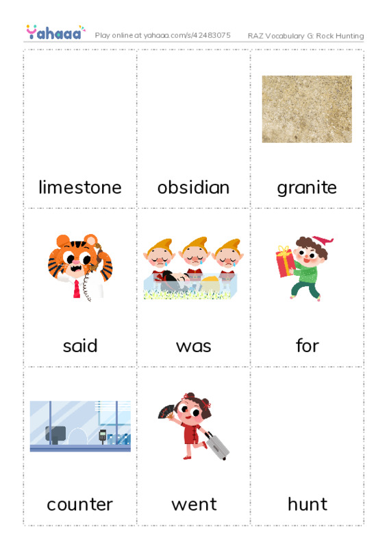 RAZ Vocabulary G: Rock Hunting PDF flaschards with images