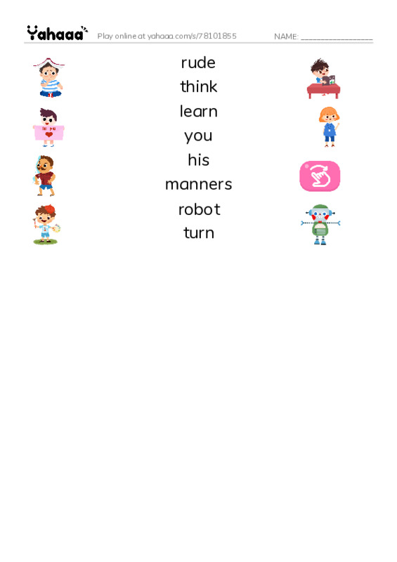 RAZ Vocabulary G: Rude Robot PDF three columns match words