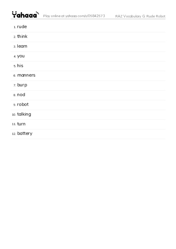 RAZ Vocabulary G: Rude Robot PDF words glossary