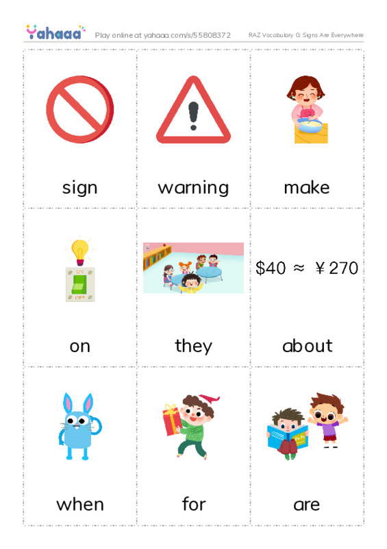RAZ Vocabulary G: Signs Are Everywhere PDF flaschards with images