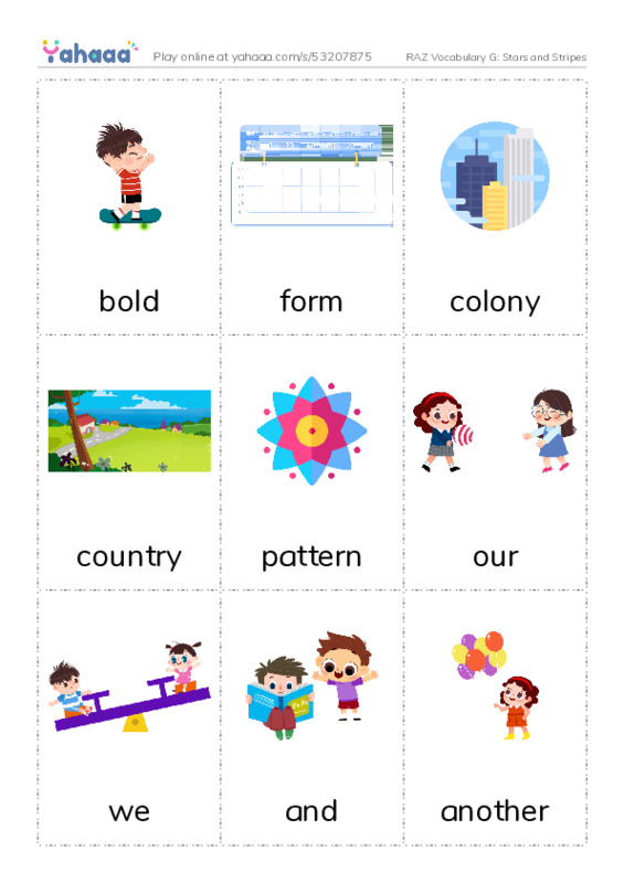 RAZ Vocabulary G: Stars and Stripes PDF flaschards with images