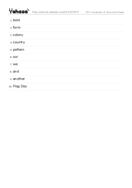 RAZ Vocabulary G: Stars and Stripes PDF words glossary