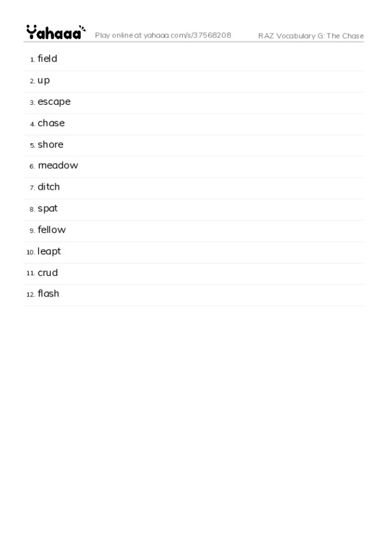 RAZ Vocabulary G: The Chase PDF words glossary