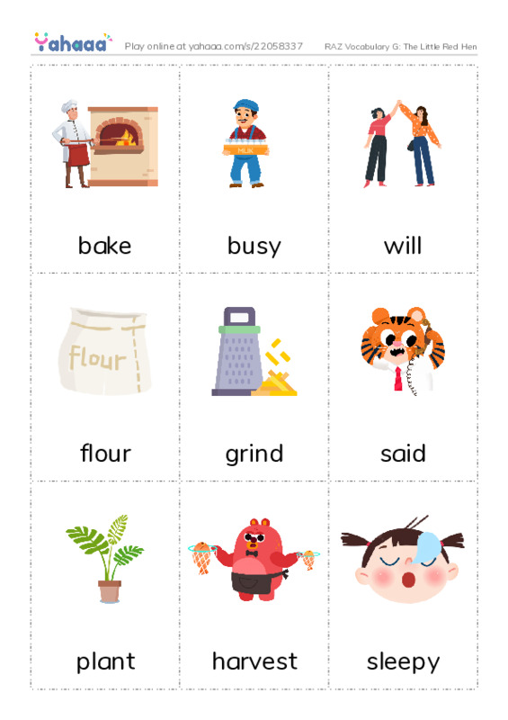 RAZ Vocabulary G: The Little Red Hen PDF flaschards with images
