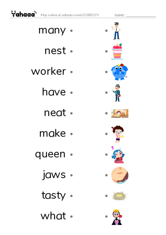 RAZ Vocabulary G: The Queen Ants Birthday PDF link match words worksheet
