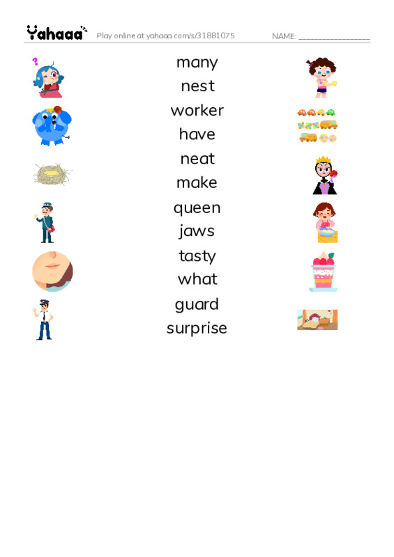 RAZ Vocabulary G: The Queen Ants Birthday PDF three columns match words