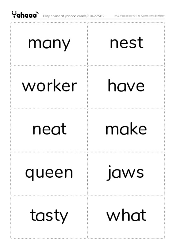 RAZ Vocabulary G: The Queen Ants Birthday PDF two columns flashcards