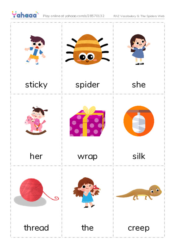 RAZ Vocabulary G: The Spiders Web PDF flaschards with images