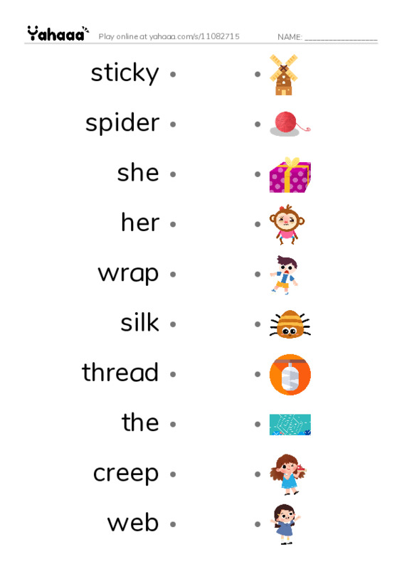 RAZ Vocabulary G: The Spiders Web PDF link match words worksheet
