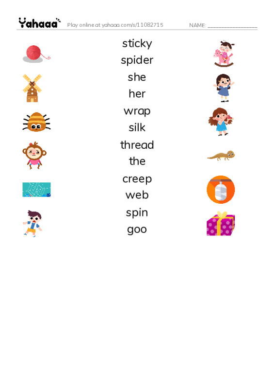 RAZ Vocabulary G: The Spiders Web PDF three columns match words