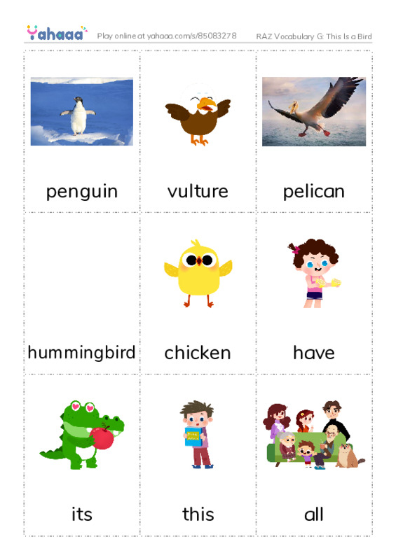 RAZ Vocabulary G: This Is a Bird PDF flaschards with images