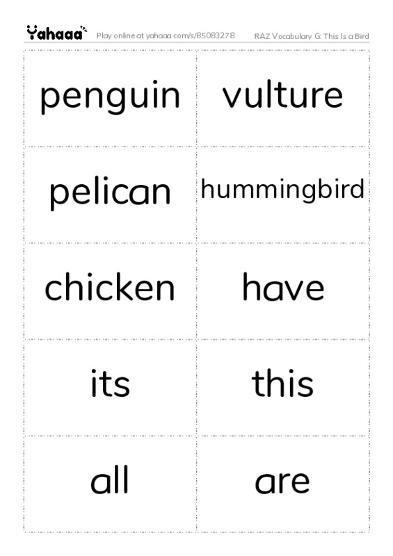 RAZ Vocabulary G: This Is a Bird PDF two columns flashcards