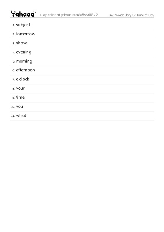 RAZ Vocabulary G: Time of Day PDF words glossary