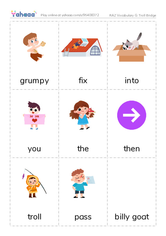 RAZ Vocabulary G: Troll Bridge PDF flaschards with images