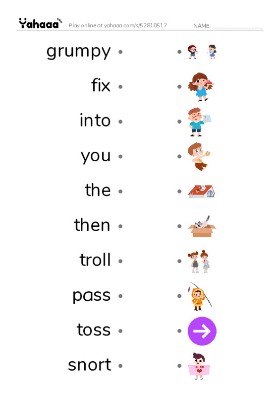 RAZ Vocabulary G: Troll Bridge PDF link match words worksheet