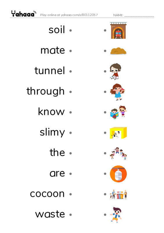 RAZ Vocabulary G: Wiggly Worms PDF link match words worksheet