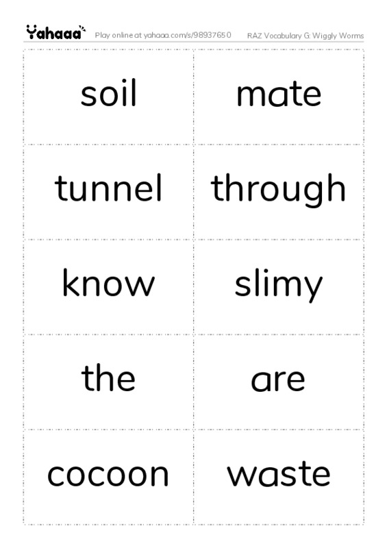 RAZ Vocabulary G: Wiggly Worms PDF two columns flashcards