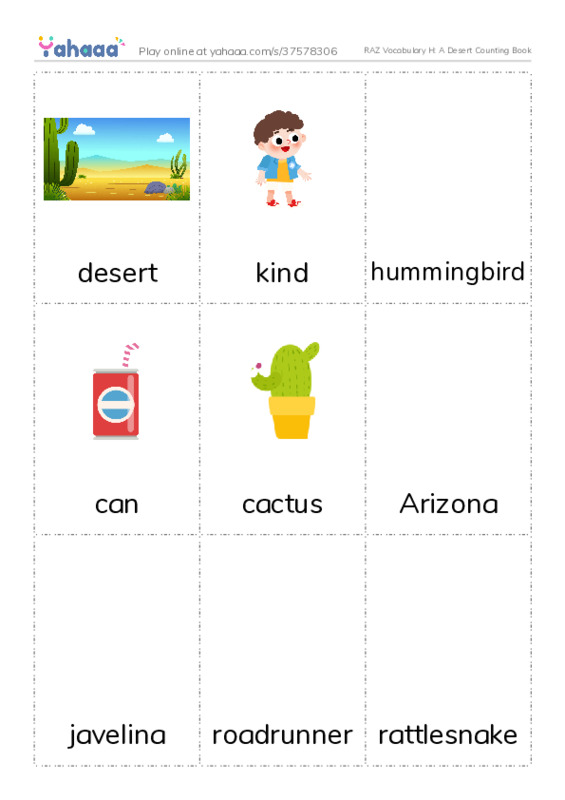 RAZ Vocabulary H: A Desert Counting Book PDF flaschards with images