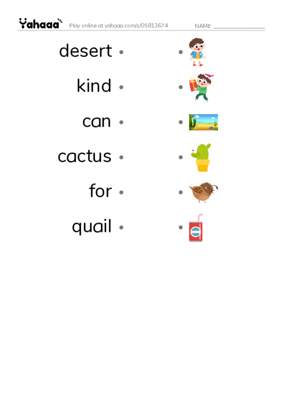 RAZ Vocabulary H: A Desert Counting Book PDF link match words worksheet