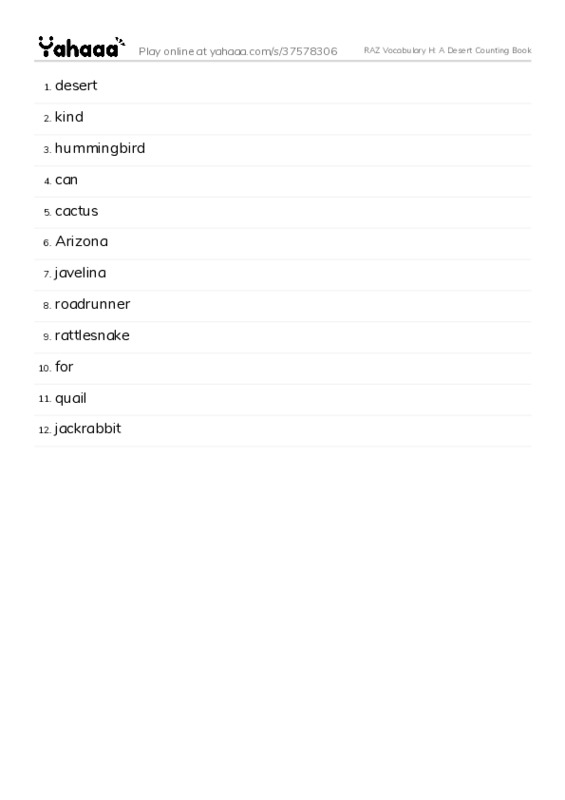 RAZ Vocabulary H: A Desert Counting Book PDF words glossary