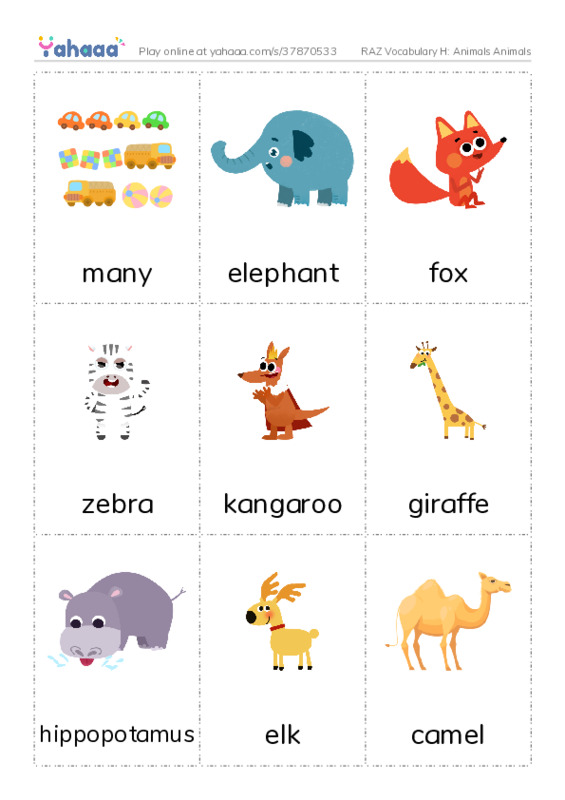 RAZ Vocabulary H: Animals Animals PDF flaschards with images