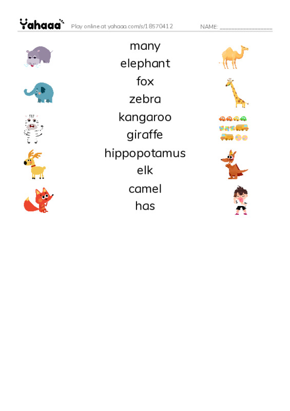 RAZ Vocabulary H: Animals Animals PDF three columns match words