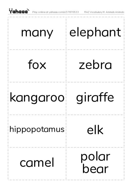 RAZ Vocabulary H: Animals Animals PDF two columns flashcards