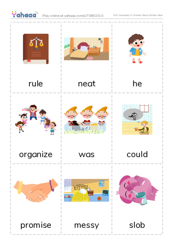 RAZ Vocabulary H: Brother Messy Brother Neat PDF flaschards with images