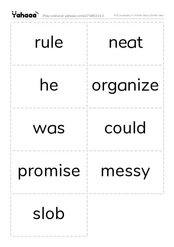 RAZ Vocabulary H: Brother Messy Brother Neat PDF two columns flashcards