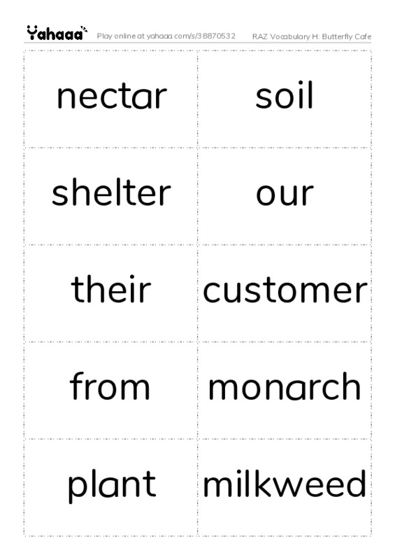 RAZ Vocabulary H: Butterfly Cafe PDF two columns flashcards