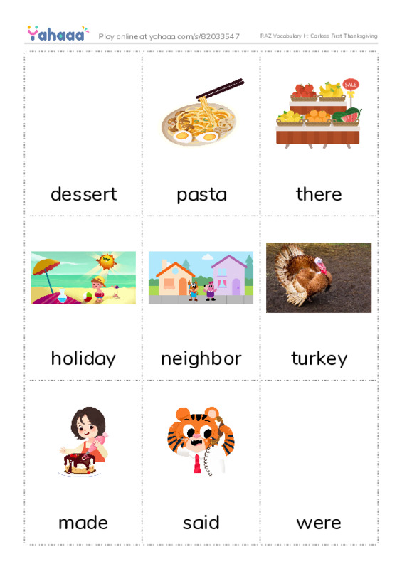 RAZ Vocabulary H: Carloss First Thanksgiving PDF flaschards with images