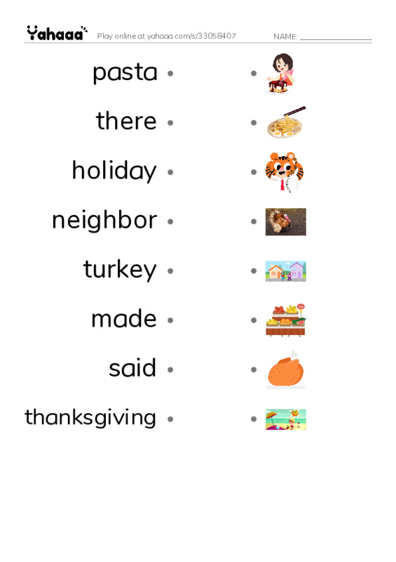 RAZ Vocabulary H: Carloss First Thanksgiving PDF link match words worksheet