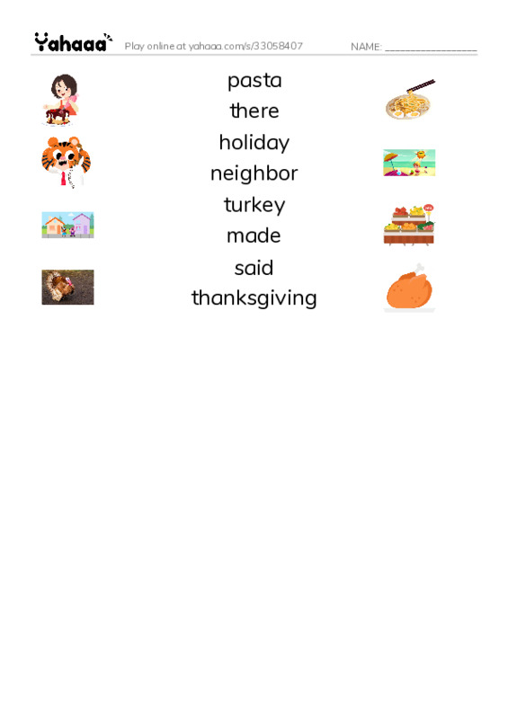 RAZ Vocabulary H: Carloss First Thanksgiving PDF three columns match words