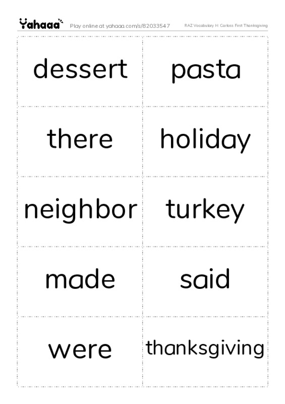 RAZ Vocabulary H: Carloss First Thanksgiving PDF two columns flashcards