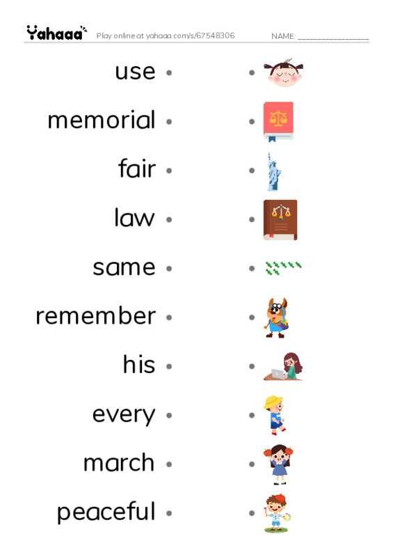 RAZ Vocabulary H: Dr Kings Memorial PDF link match words worksheet